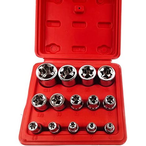Jeu de 14 douilles femelles E-Torx étoile, entraînement 1/4", 3/8", 1/2", jeu étoile externes E4-E24, dynamométriques avec étui rouge -