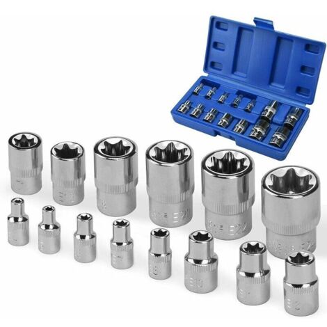 Jeu de 14 douilles femelles Torx E4 - E24 sur rail 1/4&quot, 1/2&quot, 3/8&quot