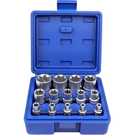 Jeu de 14 Douilles Torx Exteriores 1/4" 3/8" 1/2", Coffret Femelle E4, E5, E6, E7, E8, E10, E11, E12, E14, E16, E18, E20, E22, E24 (Bleu) Bleu -