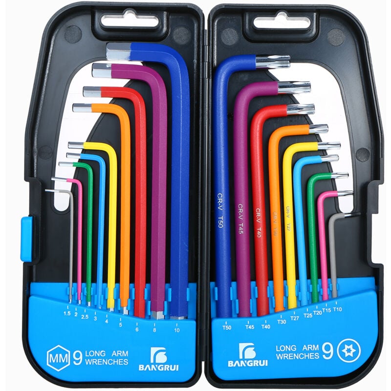 Lifcausal - Jeu de 18 clés en l multicolores métriques à bras long et à extrémité sphérique, jeu de clés Allen en acier au chrome vanadium de qualité