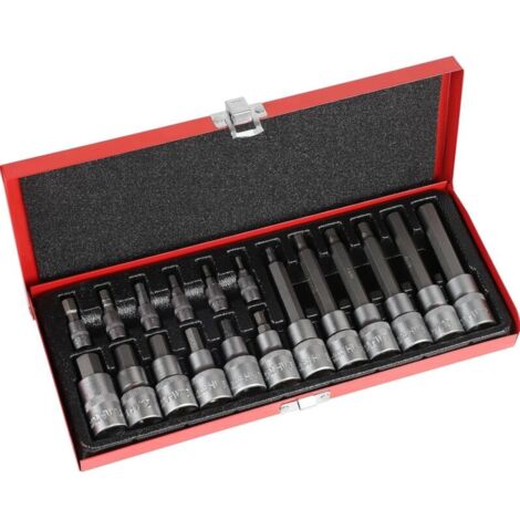 Jeu de 18 douilles 1/2" H6-H14 (55 mm de long), H5-H12 (100 mm de long) et 1/4 H3-H8 Sortie hexagonale Jeu de boîtes en métal