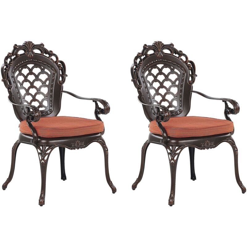 Lot 2 CHaises de Jardin en Aluminium Effet Métal Vieilli Marron Cuivré avec Accoudoirs et Dossier Décoratifs pour Jardin ou Terrasse Classique Beliani