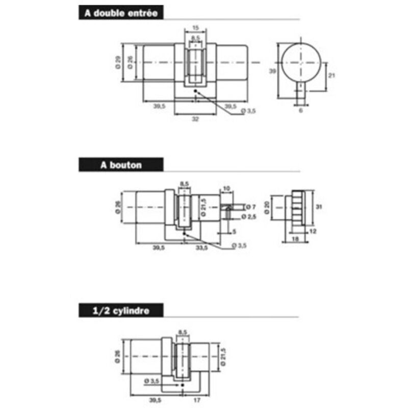 Cylindre monobloc super-surete sans bille avec bouton 39,5x33,5mm Bricard 714000