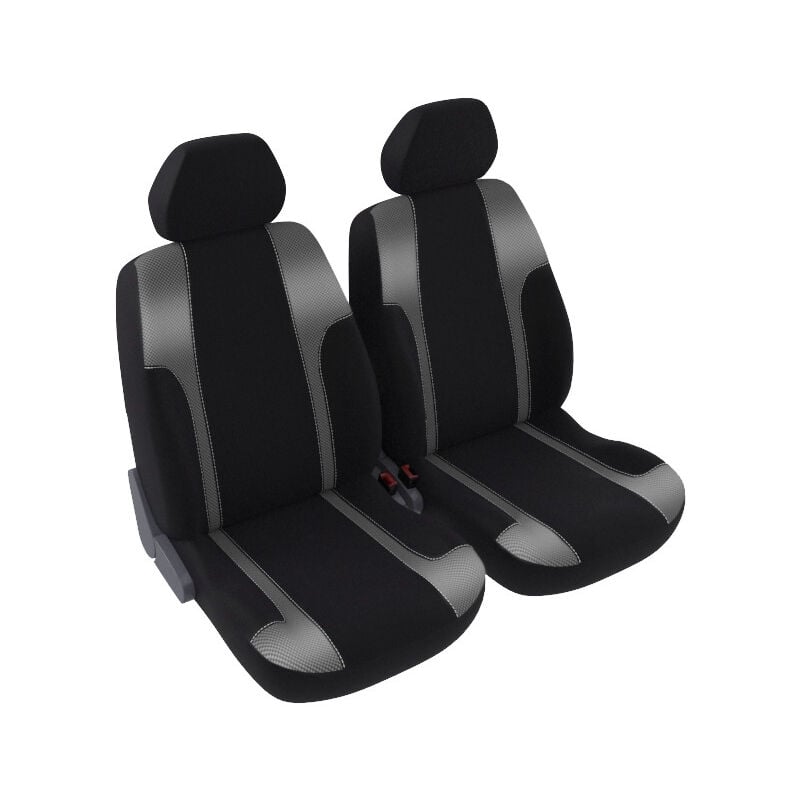 Jeu de 2 housses de sièges avant - Universelles - Voiture/Auto - Lavable - Tissu noir / gris métallisé - Coupe sport