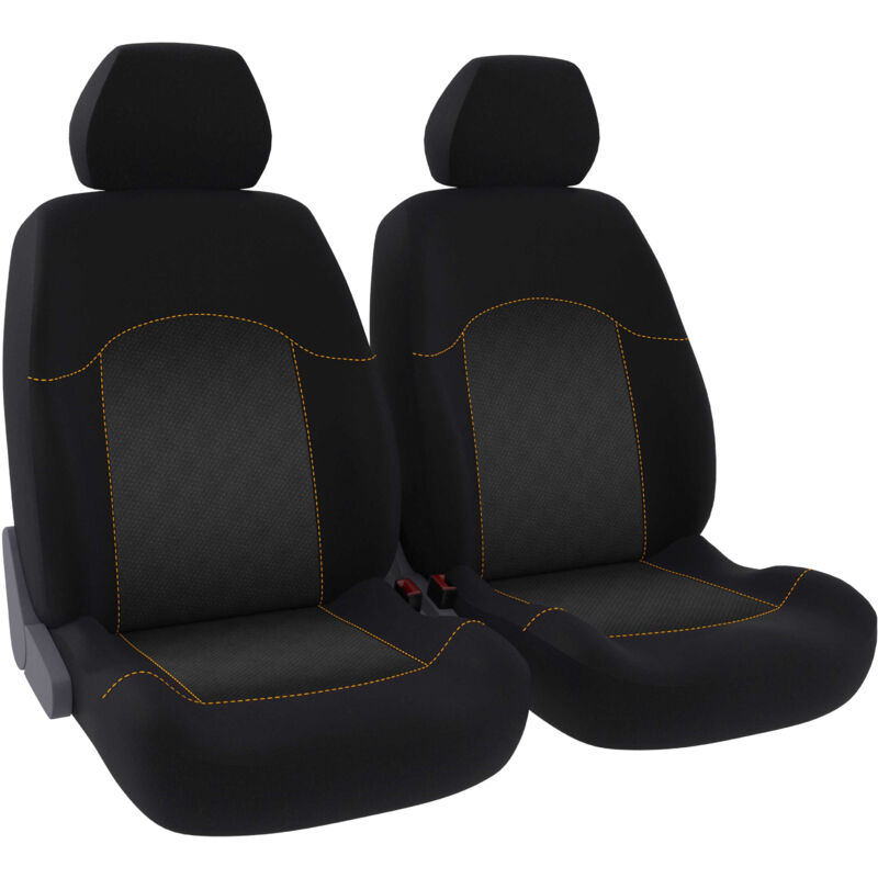 Jeu de 2 housses de sièges avant - Universelles - Voiture/Auto - Lavable - Tissu noir / gris avec surpiqure orange - Spécial 4x4