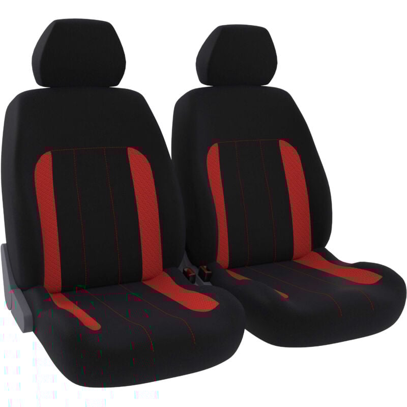 Jeu de 2 housses de sièges avant - Universelles - Voiture/Auto - Lavable - Tissu noir / rouge avec surpiqure rouge