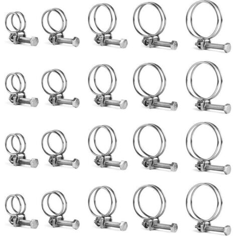 Jeu de 20 colliers à double fil inox 304 réglables 16-40 mm pour tuyaux d'eau