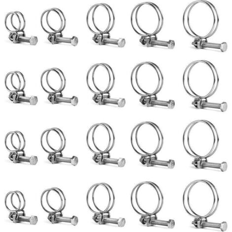 Jeu de 20 colliers à double fil inox 304 réglables 16-40 mm pour tuyaux d'eau