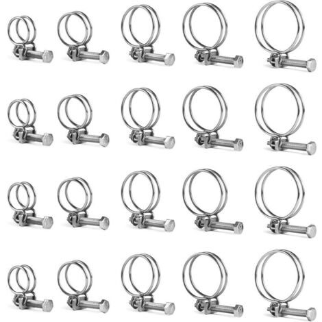 Jeu de 20 colliers de serrage double fil inox 304 réglables 16-40 mm pour tuyaux d'eau