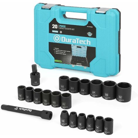 Jeu de 20 douilles à choc 1/2'' – 18 douilles métriques en acier chrome vanadium – Boîtier de rangement robuste – Protection jantes voiture – Duratech