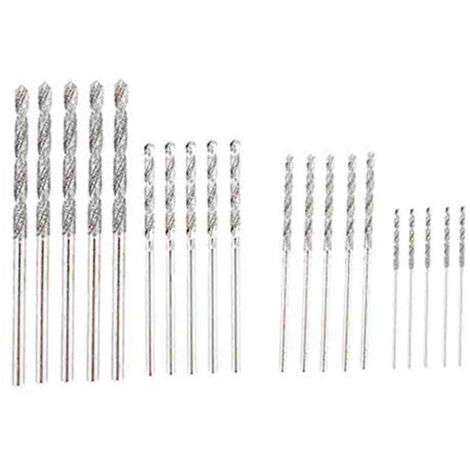 Jeu de 20 forets diamantés, 4 tailles : 1 mm, 1,5 mm, 2 mm et 2,5 mm, pointe hélicoïdale.