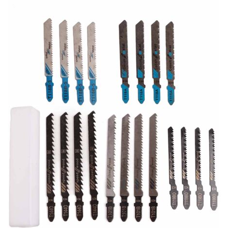 Jeu de 20 lames de scie sauteuse HSS à emmanchement en T, coupe rapide et précise pour bois et métal.