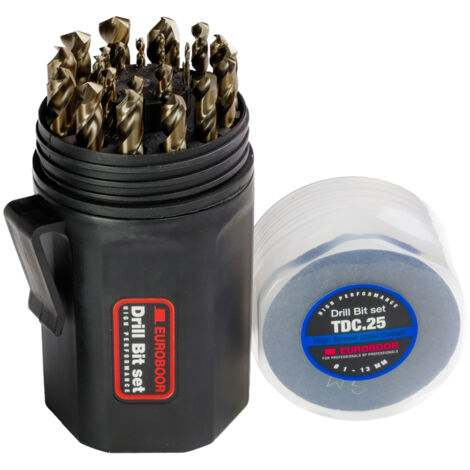 Jeu de 25 Forets Euroboor TDC.25, HSS-CO 5%, Ø 1-13 mm, Pointe 135° pour Acier Haute Alliage, avec Queue Triplate pour Meilleure Adhérence, Idéal pour perçages précis et durables