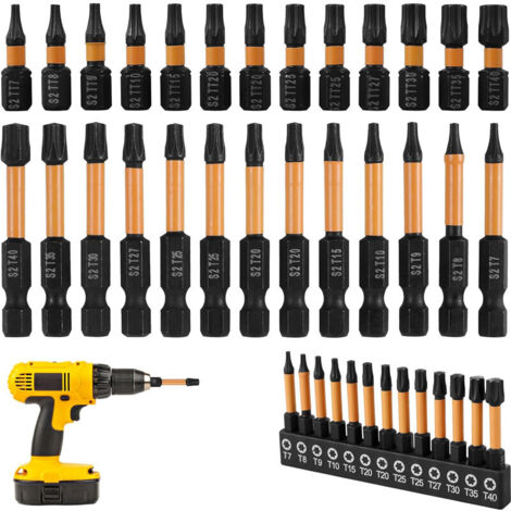 Jeu de 26 embouts de vissage Torx à impact T7-T40 avec visseuse et foret, inviolables et sécurisés.-AquaForge