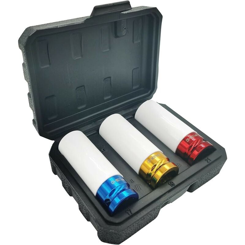 Jeu de 3 douilles 1/2' pour jantes en aluminium 17, 19 et 21 mm Cr-Mo Clé à percussion Douilles Douilles Changement de roue Longueur 78 mm