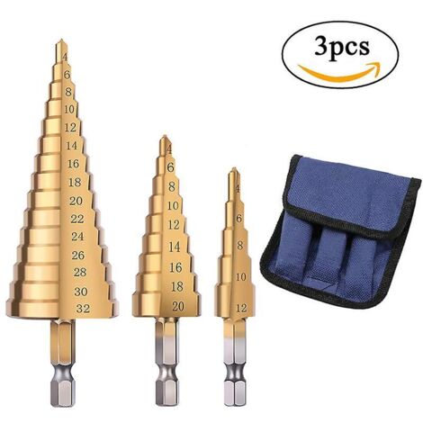 Jeu de 3 forets coniques étagés, en acier inoxydable, 4-12/20/32 mm, coniques triangulaires en titane, avec queue hexagonale, 40, 52, 75 mm