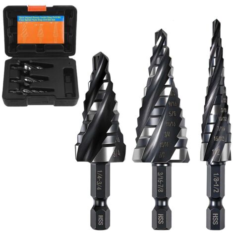 Jeu de 3 forets étagés Forets étagés Unibit à quatre cannelures hélicoïdales avec boîte à outils Foret conique hélicoïdal clairement marqué pour l'acier inoxydable et la tôle
