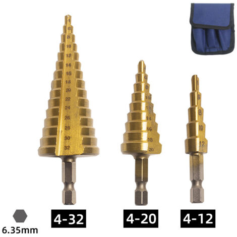 Jeu de 3 forets étagés métriques, jeu de forets étagés en acier rapide (métriques 4-12 mm, 4-20 mm et 4-32 mm), forets coniques pour métaux, adaptés aux plastiques, au bois, aux plaques en acier inoxy