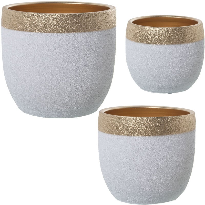 Lot de 3 Pots de Fleurs Blanc/Doré °20X19+°26X24+°30X29 Cm