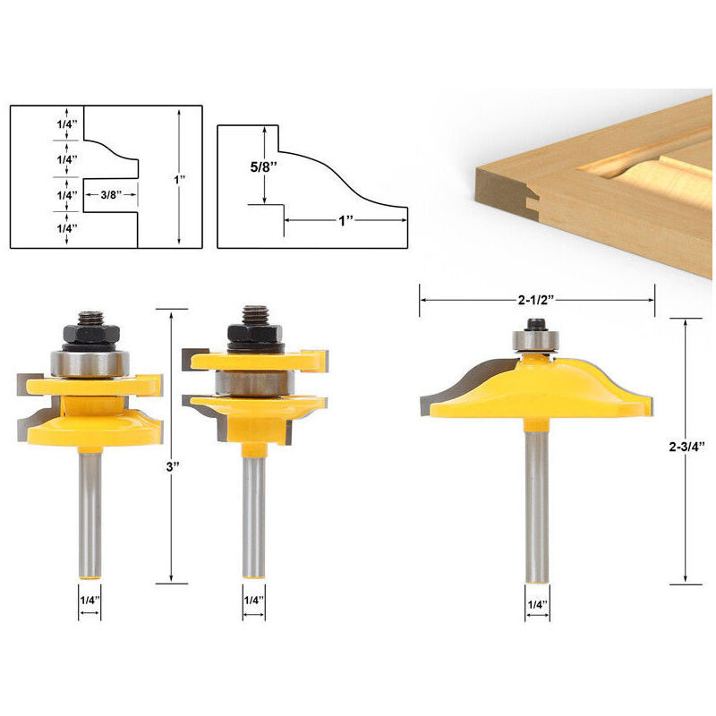 Jeu de 3 mèches de toupie, tige de 1/4 de pouce, pour la fabrication de portes d'armoires, de guides et d'embouts de toupie inclinables pour le