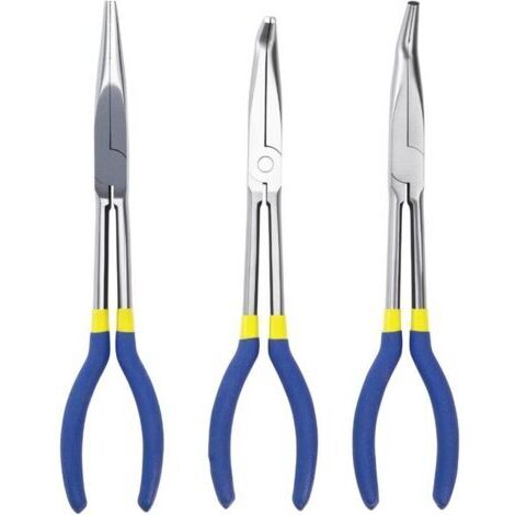 Jeu de 3 pinces à becs longs (280 mm) - Droites, 45° et 90° - Outils professionnels pour électriciens, réparations, bricolage, ateliers