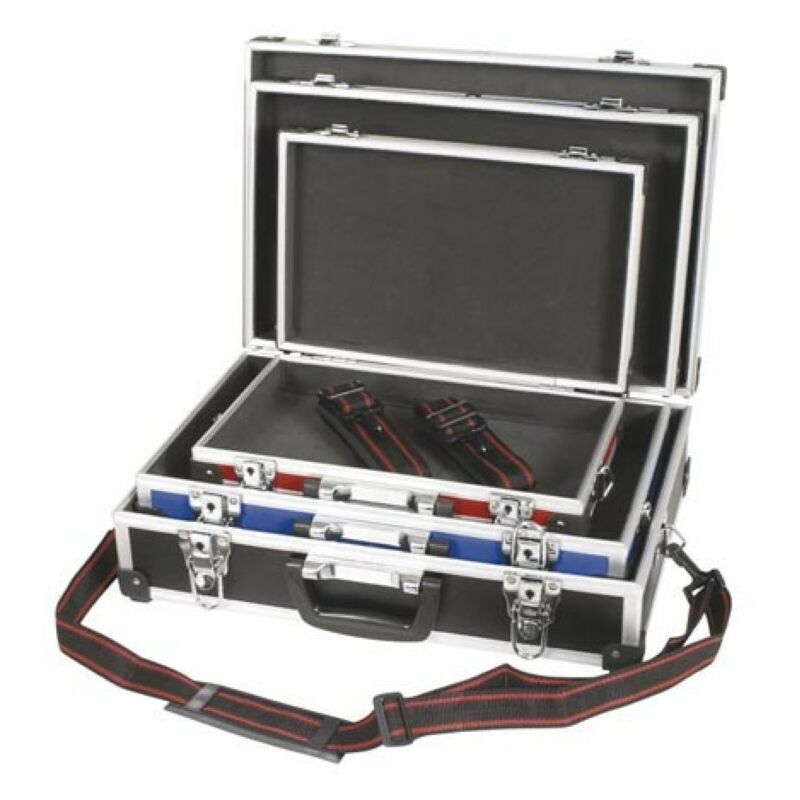 Perel - Mallette à outils, en set de 3 pièces, différentes tailles, 3 couleurs, avec bandoulière, verrouillage par clé, 2 clés, aluminium, max. 430 x