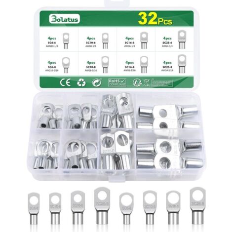 Jeu de 32 cosses de câble tubulaires, cosses de câble 6 mm², 10 mm², 16 mm², 25 mm², cosses de câble à anneau en cuivre étamé pour œillets d'anneau de véhicule M6 M8