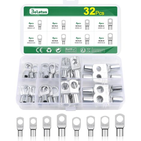 Jeu de 32 cosses de câble tubulaires, cosses de câble 6 mm², 10 mm², 16 mm², 25 mm², cosses de câble à anneau en cuivre étamé pour œillets d'anneau de véhicule M6 M8