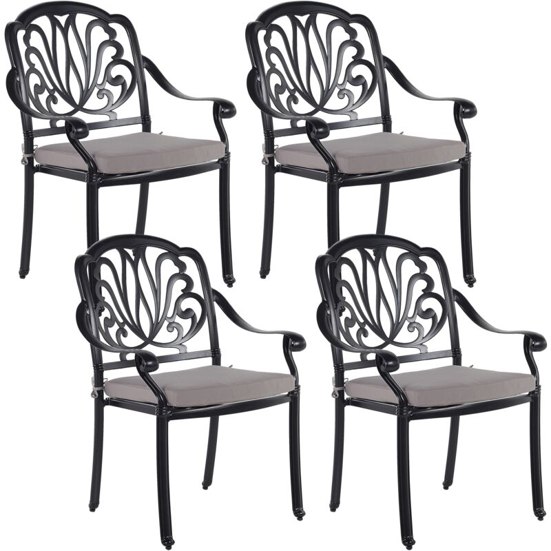 Lot de 4 Chaises de Jardin en Aluminium Noir Coussins Beiges Ancona