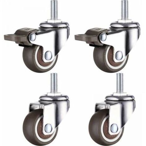 Jeu de 4 petites roulettes pour meubles - 25 Mm - Tpe caoutchouc souple - M6 X 15 Mm - Filetage (2 pièces avec frein) (25 Mm)