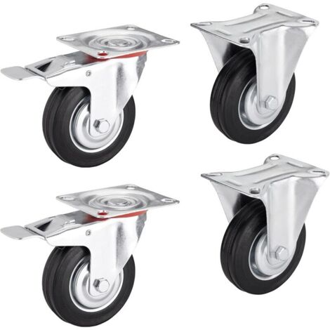Jeu de 4 pièces roues pour lourde charge Ø 75 mm (2x roues fixes, 2x roues pivotantes avec frein) Hauteur 96 mm, Plaque de fixation: 80 x 67 mm Poids supporté jusqu’à 280 Kg Roue fixe