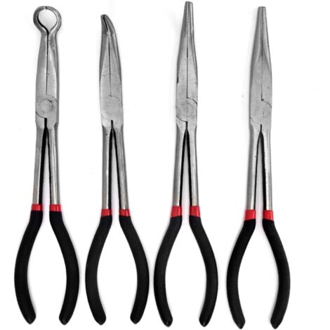 Jeu de 4 Pinces à Bec Long: Pince à Bec Droit 280 mm, pince à angle de 45°, 90° et Circulaire pour l'industrie, la Construction, l'ingénierie Mécanique, l'automobile