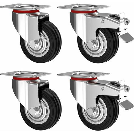 Jeu de 4 roulettes pivotantes 75 mm avec frein - roulettes de meuble jusqu'à 200 kg - forte charge - caoutchouc pour usage intérieur et extérieur - roulettes industrielles hauteur totale 95 mm