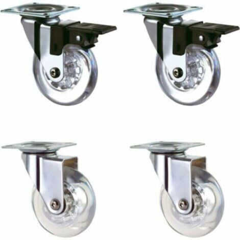 Jeu de 4 roulettes transparentes 50 mm avec frein pour le transport, faciles à déplacer, adaptées à toutes les surfaces (50 mm), revêtement en caoutchouc transparent, charge totale 160 kg.