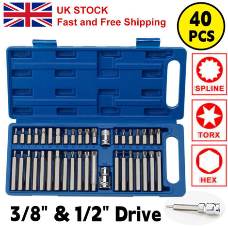 Jeu de 40 douilles hexagonales Torx, étoiles et cannelées, 3/8" et 1/2", clés Allen longues et courtes