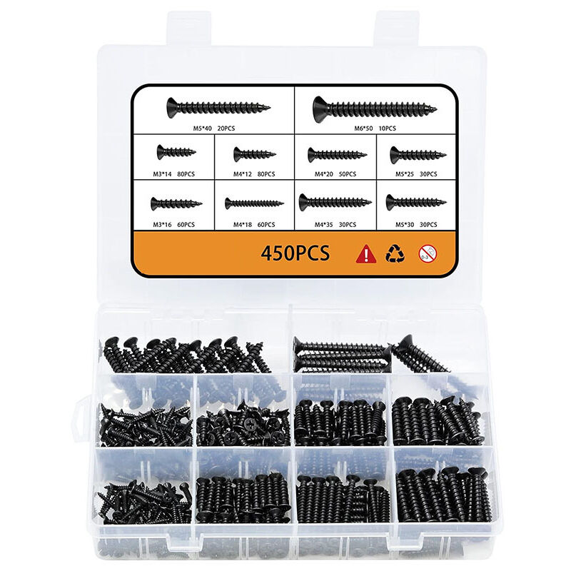 Jeu de 450 vis à bois noires M3 M4 M5 M6, vis autotaraudeuses en acier au carbone haute dureté, jeu de vis à tête cylindrique avec tournevis
