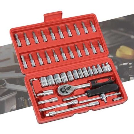 Jeu de 46 Clés à Cliquet 1/4 Pouce avec Douilles Métriques en Acier Carbone pour Réparation Auto Moto Vélo et Maison Mallette Incluse
