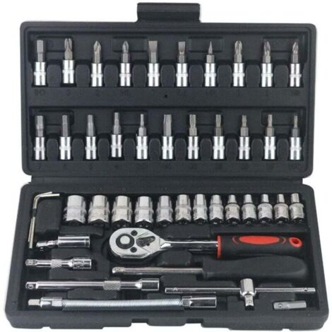 Jeu de 46 clés à cliquet à douille 1/4 pouce avec douilles métriques et rallonge pour réparation automobile et ménage (noir)