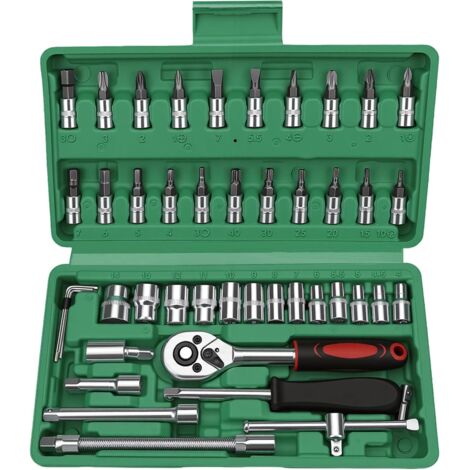 Jeu de 46 douilles 1/4" - Coffret à cliquet d'embouts multidents Avec serrage rapide et réversible pour réparation voiture maison (vert) Vert
