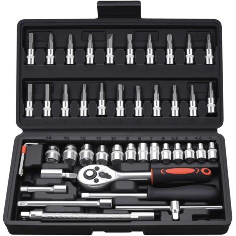 Jeu de 46 douilles 1/4" - Coffret à cliquet - Jeu d'embouts multidents - Avec serrage rapide et cliquet réversible pour réparation de voiture et maison