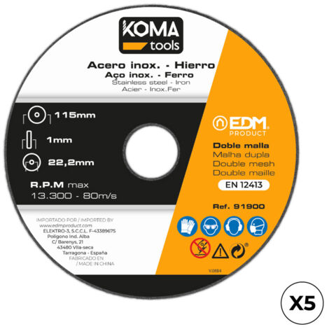 Jeu de 5 disques à tronçonner en fer et acier inoxydable ø115 x 1 x 22,2 cm