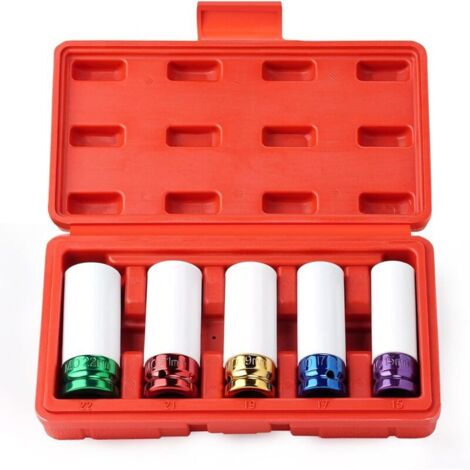 Jeu de 5 douilles à chocs pour jantes aluminium, 1/2" Douilles à Impact avec manchon en plastique pour protéger la jante lors du changement de pneus (15/17/19/21/22 mm)