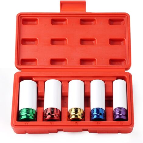 Jeu de 5 douilles à chocs pour jantes aluminium, 1/2" Douilles à Impact avec manchon en plastique pour protéger la jante lors du changement de pneus (15/17/19/21/22 mm)
