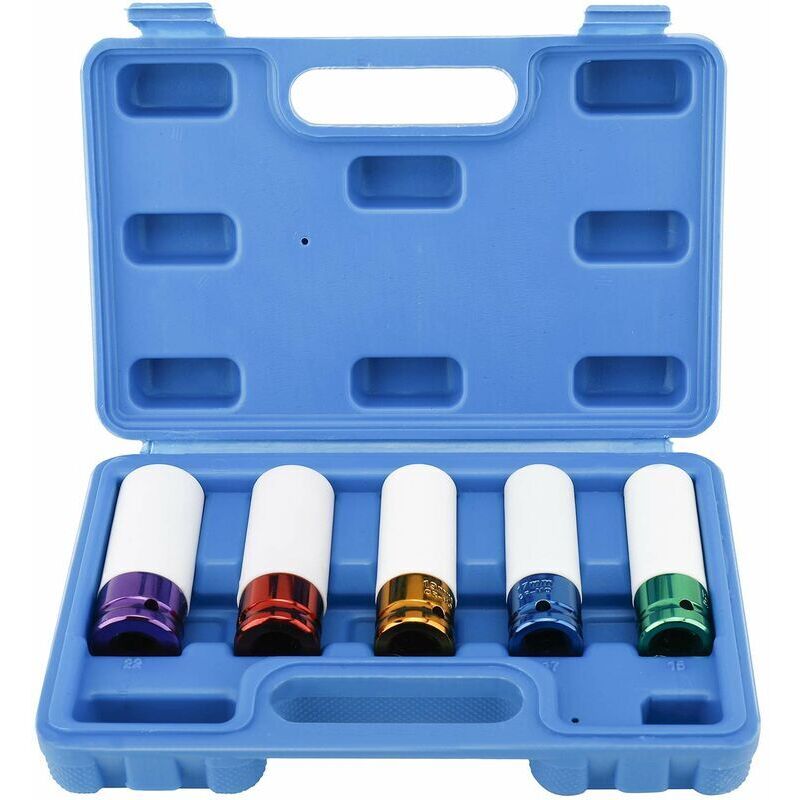 Jeu de 5 Douilles à Chocs pour Les Jantes Drive Métrique Extra à Paroi Mince de Roue, Taille 15, 17, 19, 21, 22 mm