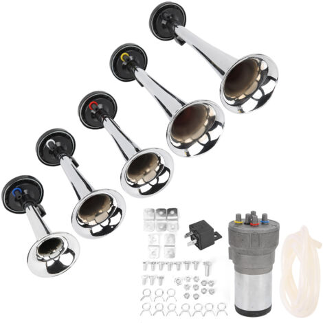 Jeu de 5 Trompettes d'Alarme 12V avec Compresseur pour Camions, Bateaux et Véhicules Utilitaires