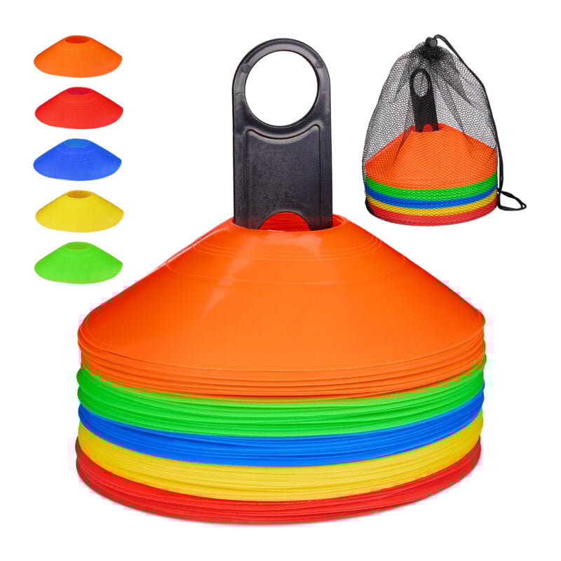 Relaxdays - Plot de sport, lot de 50, 5 couleurs, avec support et sac, en plastique pe, h x d : 5 x 19 cm, coloré