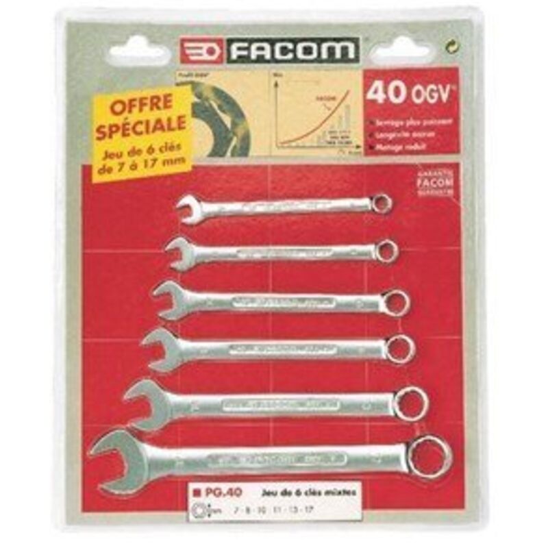 Jeu de 6 clés mixtes Facom (7 - 8 - 10 - 11 - 13 - 17 mm) Jeu de 6 clés mixtes Facom (7 - 8 - 10 - 11 - 13 - 17 mm),Serrage plus puissant