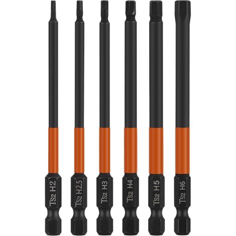 Jeu de 6 embouts de tournevis magnétiques 1/4", tête hexagonale de 100 mm, tige hexagonale H2, H2.5, H3, H4, H5, H6, clé hexagonale