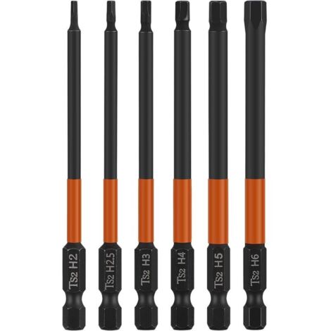 Jeu de 6 embouts de tournevis magnétiques 1/4", tête hexagonale de 100 mm, tige hexagonale H2, H2.5, H3, H4, H5, H6, clé hexagonale