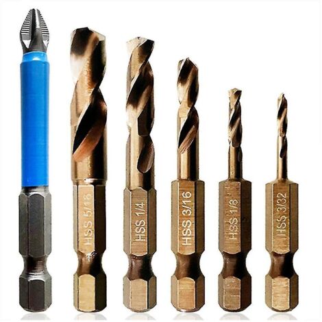 Jeu de 6 forets courts en cobalt M35 pour acier inoxydable et métaux durs, compatibles avec les mandrins rapides et les visseuses à percussion.